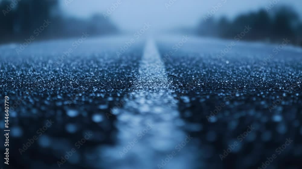Poster a wet road with a center line, suitable for traffic or highway use
