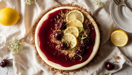 Delicious cherry cheesecake overhead view home kitchen food photography