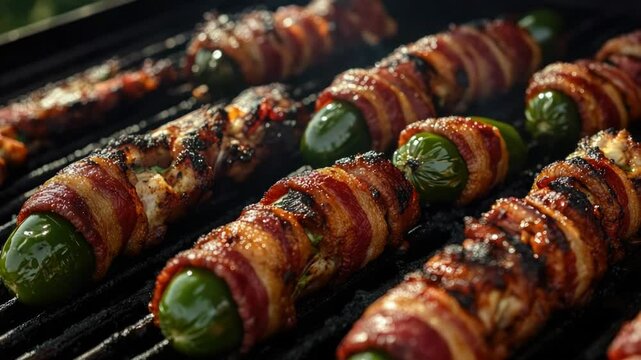 Sizzling hot jalapeno peppers wrapped in crispy bacon, grilling on a BBQ plate