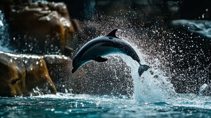 Fototapeta premium Dolphin Jumping Out of Water Marine Life Aquatic Mammal Ocean Wildlife Sea Creature Splashing Water Surface Underwater Photography