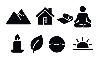 Meditation and wellness solid icons set – filled style mindfulness, yoga, and relaxation symbols for holistic living: mountain, home, yoga mat, meditating figure, candle, leaf, wave, sunrise.