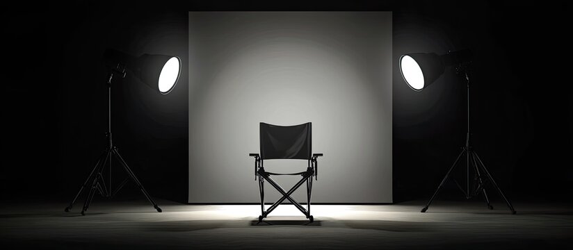 Empty director's chair on a dark studio set, lit by two lights in front of a white backdrop