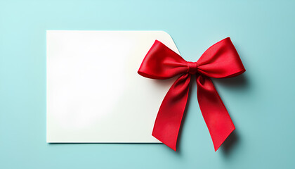 Blank gift card with red bow on light blue background, top view. Space for text