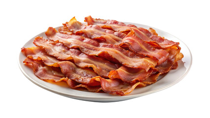 A tempting pile of crispy bacon on a transparent plate, ready to eat