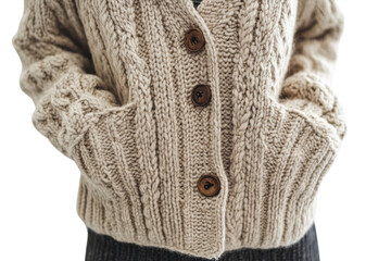 Cozy beige cable knit cardigan buttoned front deep pockets soft texture warm winter style