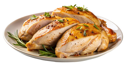 Delicious Roasted Chicken Breast Slices Garnished with Rosemary and Black Pepper, Served Warm