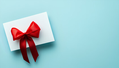 Blank gift card with red bow on light blue background, top view. Space for text