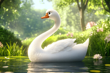 Obraz premium Serene white swan gracefully gliding on a tranquil pond surrounded by lush greenery and flowers