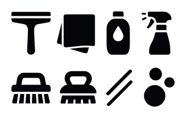 Cleaning tools icons set – solid style home maintenance, hygiene, and cleaning symbols for organization: squeegee, cloth, detergent, spray bottle, scrub brush, bubbles.