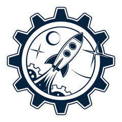 Rocket Ship Inside Gear With Moon and Star, Industrial Progress, Blue and White