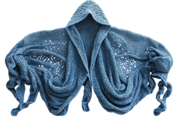 Delicate hooded knit shawl soft blue hues draped elegantly on white background