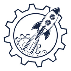 Rocket Launching Inside Gear Outline, Innovation Concept Isolated on White Background