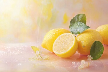 Fresh lemons and leaves on a pastel surface.