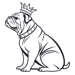 Seated Bulldog with Crown, Collar, and Detailed Line Art on White BG