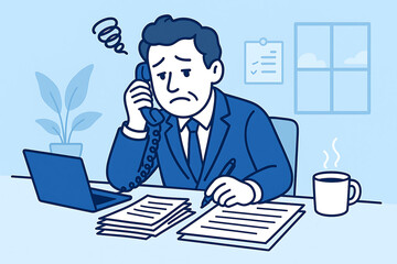 非効率な働き方に疲れたビジネスマンが電話対応に追われる様子