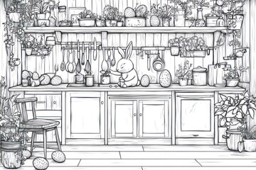 Fototapeta premium A charming, black and white kitchen scene with a bunny preparing food. Filled with plants, utensils, and various items on shelves