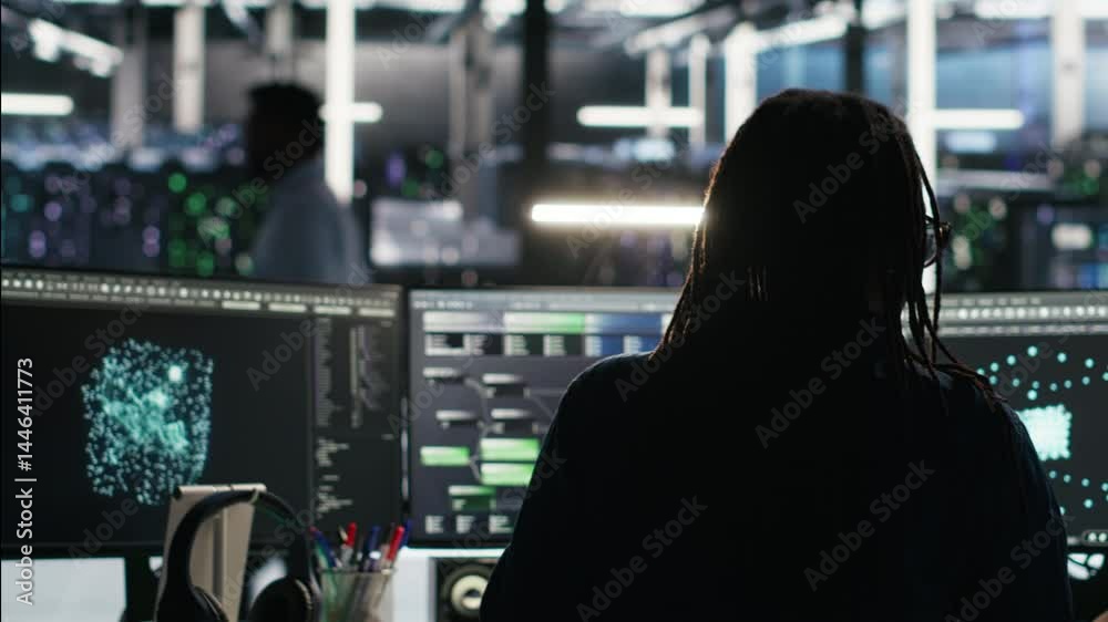 Poster server room programmer interpreting ai generated data analytics graphs, putting on headphones. data 