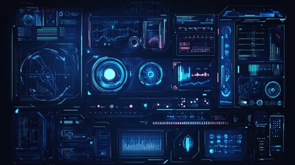 Fototapeta premium Futuristic HUD Interface Design Sci-fi Technology Dashboard Blue Neon Glowing Screen Digital Display