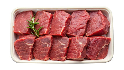 Obraz premium Fresh, Raw Beef Cubes Displayed in a transparent Tray with Rosemary Garnish