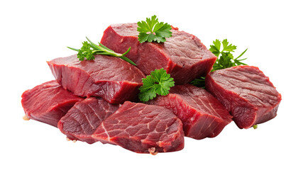 Close up of raw beef cubes with fresh herbs for cooking