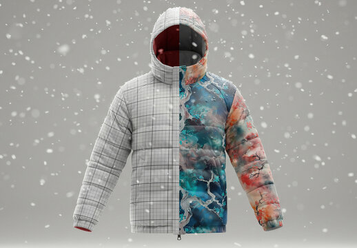 Floating Winter Snow Jacket with Hood Realistic Mockup