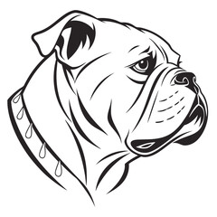 Bulldog Portrait Profile View in Black Outline Style With Collar Detail On White