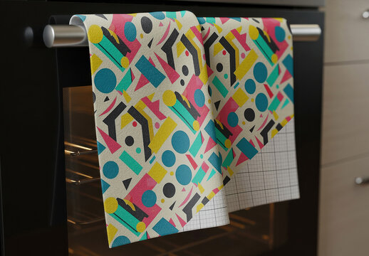 Folded Kitchen Towel Dishcloth on Oven Mockup
