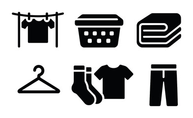 Household laundry solid icons set – filled style cleaning, organization, and garment symbols for home essentials: drying rack, laundry basket, folded towel, hanger, socks, t-shirt, pants.