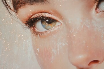 Close-up portrait of a woman's face, soft focus, and delicate makeup.