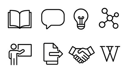 Education and learning line icons set – outline style training, knowledge, and school symbols for educational projects: book, speech bubble, light bulb, molecule, teacher, document, handshake,
