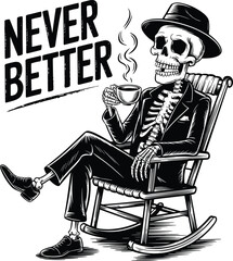 Vintage Skeleton Illustration in Rocking Chair with Coffee 