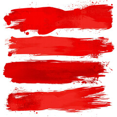 Set of four different red ink or paint strokes on transparent background. grunge style. abstract strokes, marks, spots and splashes. design element. chaotic strokes