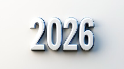 Year 2026 White chrome numerals on a bright white surface