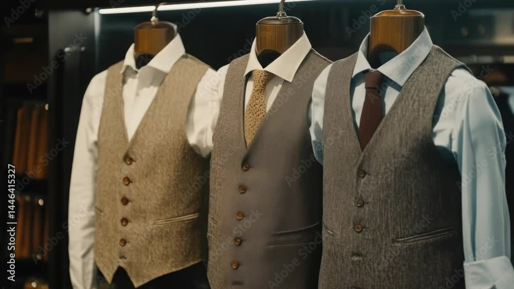 Aufkleber row of men's vests on display in a store, ideal for fashion or lifestyle editorial use