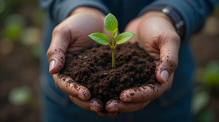Close-up of hands holding a small sapling with dirt, symbolizing growth, nature, and new beginnings.