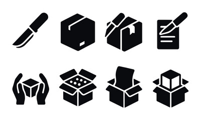Shipping and packaging filled icons set – solid style delivery, logistics, and parcel symbols for efficient shipping: knife, box, checklist, package, hands, open box.
