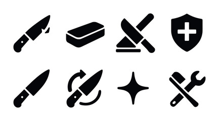 Knife care icon set – solid style safety, maintenance, and sharpening symbols for kitchen essentials: chef knife, sharpening stone, protective shield, rotating blade, sparkle, toolbox