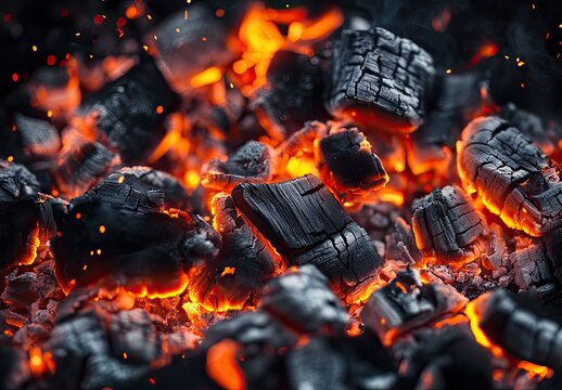 Glowing embers and hot coals with fiery orange and yellow flames