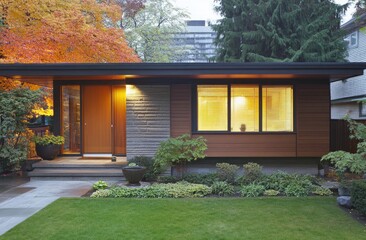 Mid-century modern ranch house with wood siding, stone accents, and landscaped yard