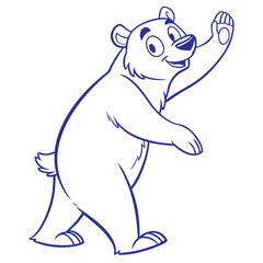 Friendly Cartoon Bear Waving Hand, Outline Style, Isolated on White, Standing Upright