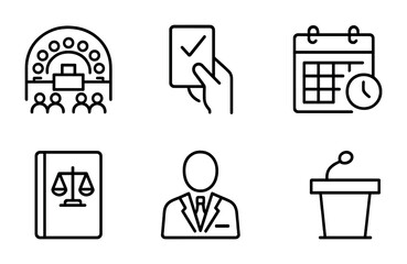 Elections and governance outline icons set – linear style democracy, voting, and politics symbols for civic engagement: ballot, calendar, law book, speaker, podium, assembly.