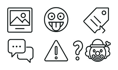 Social media and communication linear icons set – outline style for digital interaction and online networking: emoji, chat bubbles, notification, question mark, tag, clown