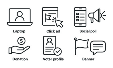 Digital marketing linear icon set – outline style online advertising and social media symbols for campaign strategies: laptop, click ad, social poll, donation, voter profile, banner
