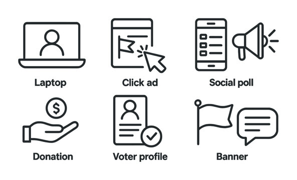 Digital marketing linear icon set – outline style online advertising and social media symbols for campaign strategies: laptop, click ad, social poll, donation, voter profile, banner