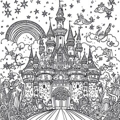 Obraz premium Enchanted castle drawing, detailed with mythical creatures, stars, and rainbow, perfect for coloring