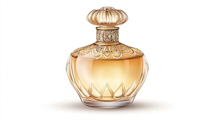 Elegant amber perfume bottle with ornate gold cap.