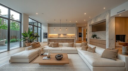 Modern kitchen space with marble countertops and island high resolution image