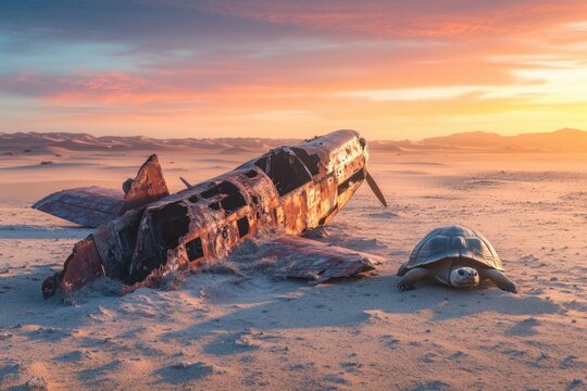 Rusty airplane wreck rests in desert sands at sunset, a tortoise nearby.