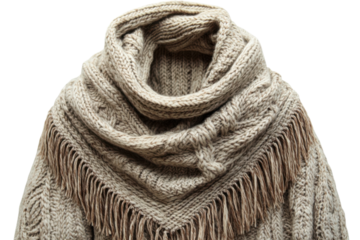 Cozy beige cable knit shawl with tassels soft texture warm winter style handmade feel