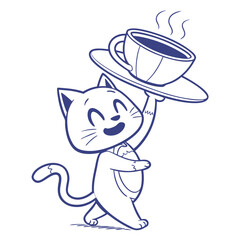 Cartoonish cat carrying a steaming coffee cup with blue outline in white background